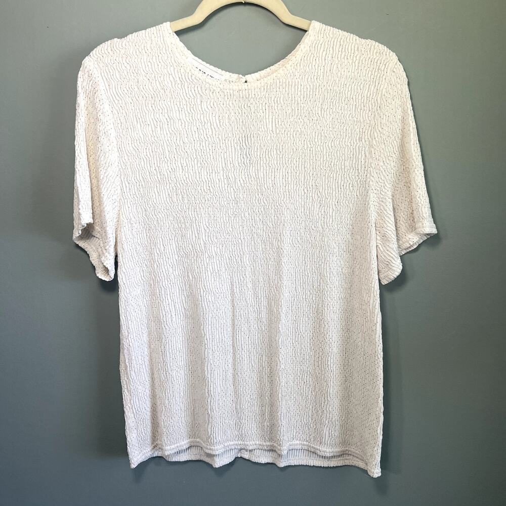 Vintage Gloria Lance Boutique Pleated Gold Glitter Textured White Blouse, Large